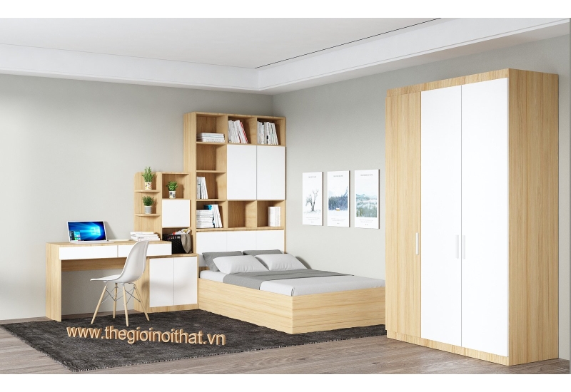 Bộ phòng ngủ thanh thiếu niên màu gỗ có tủ sách lớn